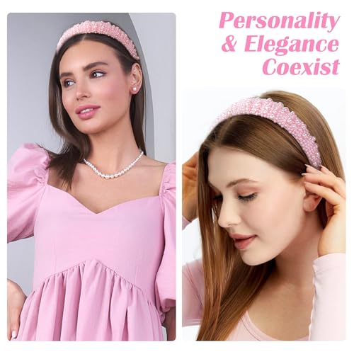 Lekgavd Pink Wide Headband for Women, Artificial Pearls Headband, France Vintage Beaded Hair Band for Women, Brides, Bride...