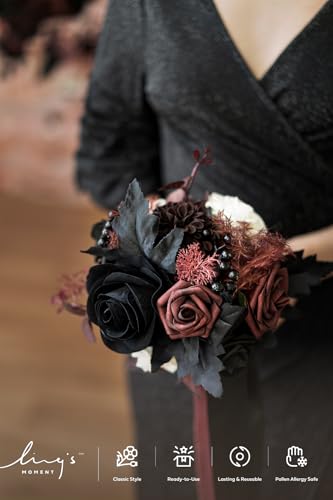 Ling's moment Black Artificial Wedding Flower Bouquets for Bridesmaids Burgundy Floral Bouquet Mashala Bridesmaid Bouquets...