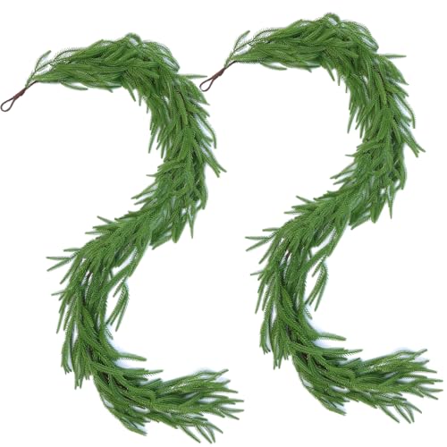Hananona 2 Pcs 6 Ft Artificial Norfolk Pine Garlands, Real Touch Winter Pine Garland, Green Artificial Greenery Garland fo...