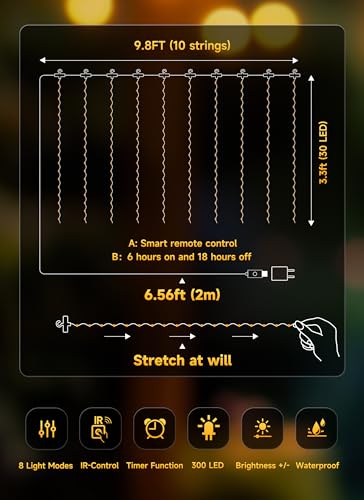 Brightown 300 LED Curtain Lights, 9.8 FT Plug in Fairy Lights for Bedroom, 8 Lighting Modes, Christmas Hanging Lights for ...