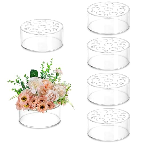 Hewory Acrylic Flower Vases for Centerpieces Round 6pcs Short Clear Floral Vase with 13 Holes, Box Arranger Bulk Low Base ...
