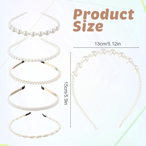 Matwsec 5PCS Pearl Headbands for Women White Pearl Headband for Girls Non Slip Bridal Headband for Wedding Party Pearls Ha...
