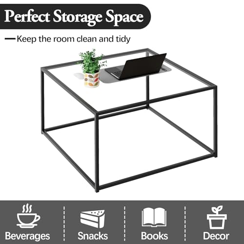Black Glass Coffee Table for Living Room,Square Coffee Tables for Small Spaces,Simple Tea Cocktail Modern Center Tables, L...