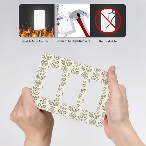 Yellow/Cream Beige Flower Decorative Screwless Decorator Wall Plates 3-Gang Receptacle Outlet Cover Simply Neutral Boho Vi...