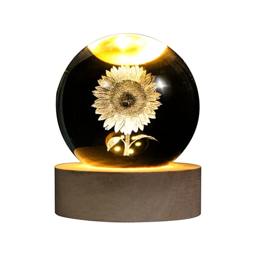 QIANCHANG 3D Laser Etched Sunflower Crystal Ball, Sunflower Decor Glass Sphere Lamp Night Light, Crystal Flower Figurines ...