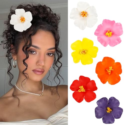 6Pcs Hawaiian Flower Hair Clips for Women 3.5 Inch Artificial Tropical Flower Clips Hibiscus Hair Clip Hair Accessories fo...
