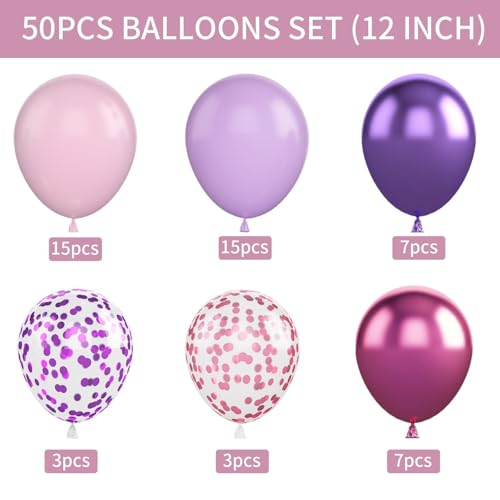 Pink and Purple Balloons, 50PCS 12 Inch Confetti Balloons, Metallic Purple Pink Latex Balloons with Ribbon, Party Balloons...