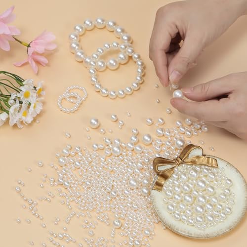 Hudinsun 1200 Pcs Pearl Beads for Jewelry Making, 5 Size Round Pearls for Bracelets Making Kit Small Pearl Filler Beads wi...