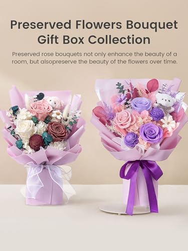 Polylove Preserved Flowers for Delivery Prime Forever Flowers Bouquet with Bear Flower Gift for Wife Women Birthday Mother...