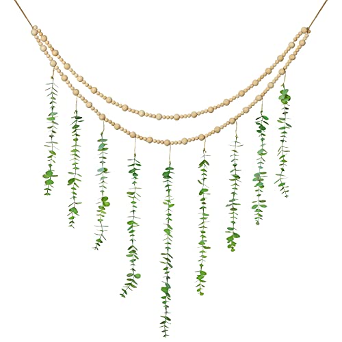 Hanging Eucalyptus Boho Wall Decor Large Boho Bedroom Wall Hanging Wooden Bead Garland Artificial Eucalyptus Natural Green...