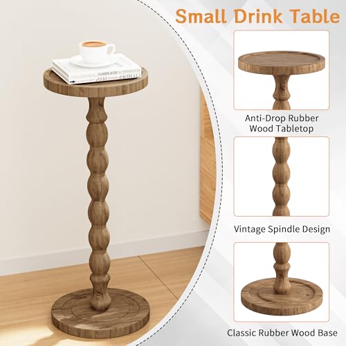 iFaveorr Small Side Table, Rubberwood‌ Drink Table for Small Spaces, Solid Wood Pedestal Coffee Tables, Round End Tables f...