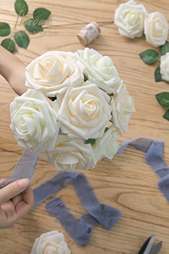 Floroom Artificial Flowers 25pcs Real Looking Ivory Foam Fake Roses with Stems for DIY Wedding Bouquets White Bridal Showe...