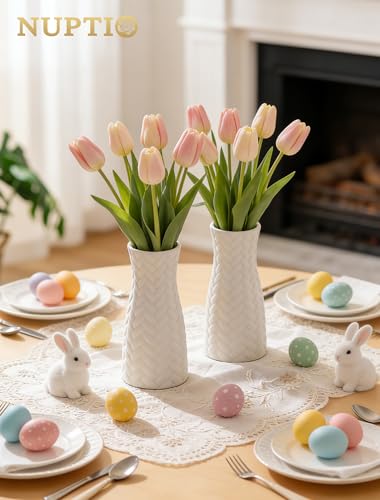 NUPTIO White Ceramic Flower Vase: 8.6" Tall Unglazed Pampas Grass Vases for Building Block Flowers - Modern Decorative Tab...