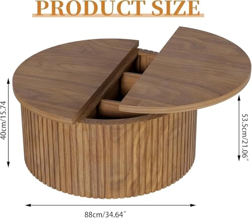 Fsbecl Fluted Lift Top Coffee Table with Hidden Storage, 31.6 Inch Modern Round Coffee Tables for Living Room, Wood Center...