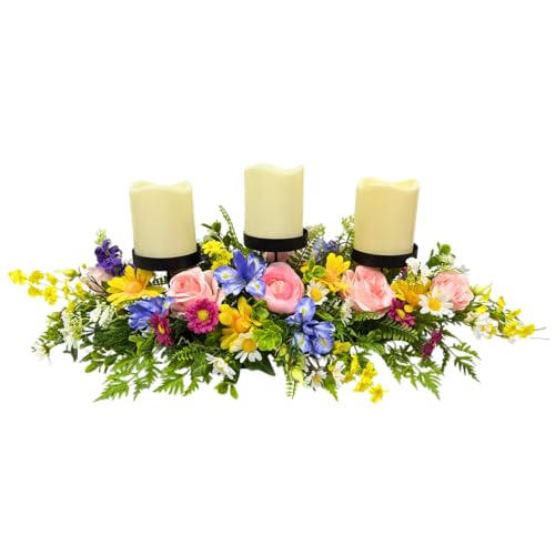 Lnymura Spring Summer Centerpiece with 3 Candle Holders, 24 Inch Colorful Artificial Wildflower Arrangement with Roses, Da...