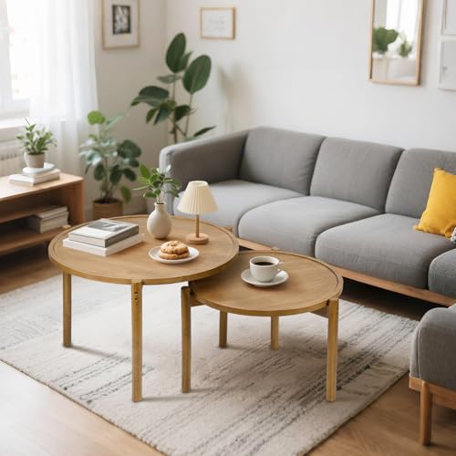 Wooden Round Nesting Coffee Tables Set of 2,Round End Table,Small Nesting Tables,Side Table,for for Living Room Bedroom Ba...