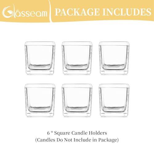 Glasseam Glass Votive Candle Holders: Set of 6 Clear Square Tealight Holder Small Tea Light Holders for Table Centerpiece ...