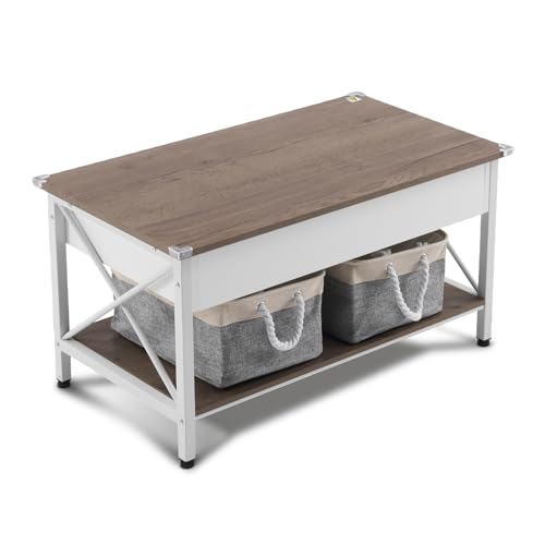 VINGLI 36" Lift Top Coffee Table with Free Cloth Storage Bins, White Walnut Framhouse Coffee Tables for Living Room, Small...