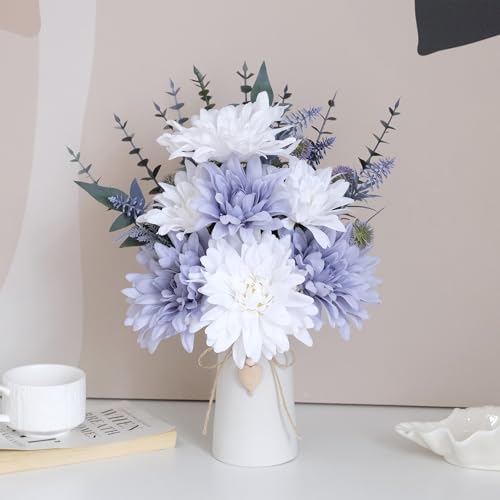 16" Artificial Flowers with Eucalyptus Stems and Greenery, Faux Dahlia Flower Arrangement in White Ceramic Vase with Heart...