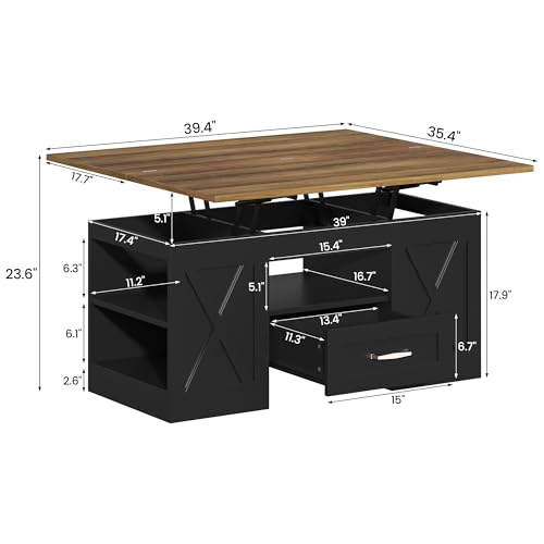 kepptory 39.4'' Lift Top Coffee Table with Storage, 4 in 1 Multi-Function Convertible Coffee Tables for Living Room, Farmh...