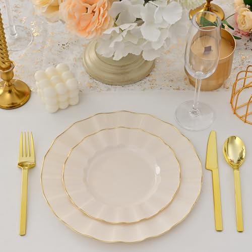 ISFANGCO 102Pcs Ivory White Plastic Plates with Gold Trim, Heavy Duty Wedding Plates, Elegant Disposable Plate Sets includ...