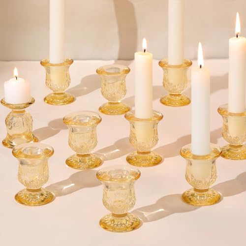 sunnyfuture 10pcs Gold Candlestick Holders, Glass Taper Candle Holders for Table Centerpiece Decor, Wedding, Birthday, Gift