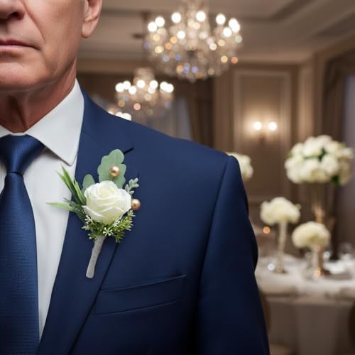 Jowxsx 2Pcs Roses Boutonniere for Men Wedding, Groom Groomsman Artificial White Rose Flowers with pins for Wedding Anniver...
