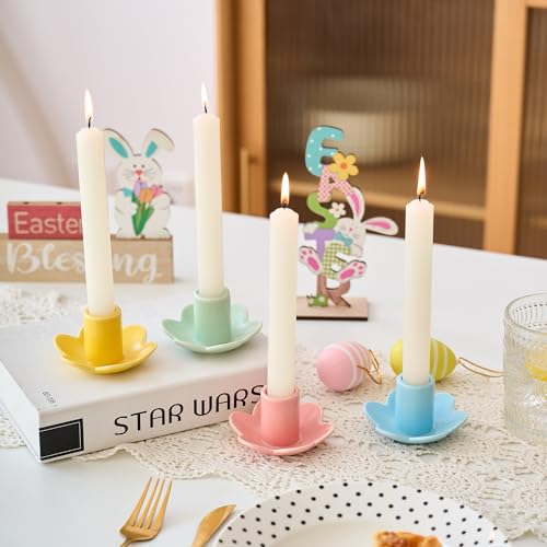 Colorful Ceramic Candlestick Holders Set of 4, Cute Easter Taper Candle Holders Chic Flower Shaped Table Centerpiece for W...