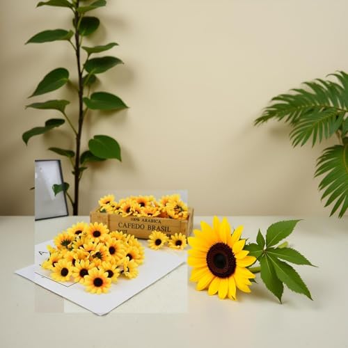 100 Pcs Artificial Sunflower Heads, Yellow Artificial Flower Heads Mini Fake Sunflower Decorative Fabric Flowers Craft Flo...