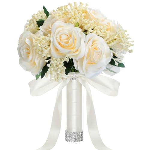 Janinka 10 Inch Large Wedding Bouquets for Bride Bridesmaid Artificial Rose Flowers Paired with Silk Ribbon and Rhinestone...
