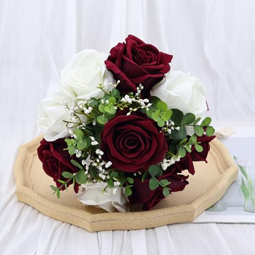 Vkkperp 9in Wedding Bouquets for Bride Bridesmaid, Burgundy & White Artificial Roses Flowers Bouquet for Rustic Church Boh...