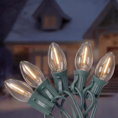 Romasaty C7 LED Christmas Lights, 25Ft Vintage C7 Christmas Lights with 27 LED Clear Bulbs, Hanging Connectable String Lig...