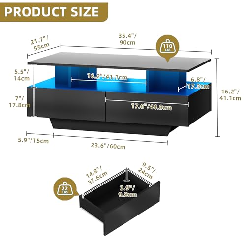 DWVO LED Coffee Table with Storage 4 Drawers, Modern High Glossy Coffee Tables for Living Room, Black Rectangle Coffee Tab...