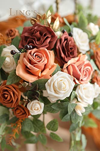 Ling's moment 2PCS Terracotta Arch Flowers Artificial Floral Swags Centerpieces Wedding Decor Mantel Faux Burnt Orange Ros...