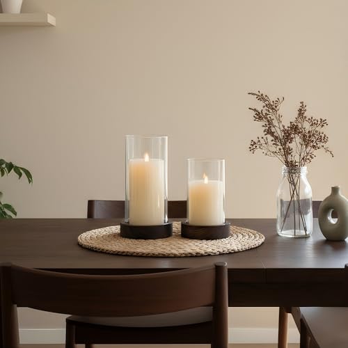 Ronasip Set of 2 Hurricane Candle Holders with Wood Base & Glass Cylinder (4.2x5.9” & 4.6x7.8”) – Rustic Wooden Candle Hol...