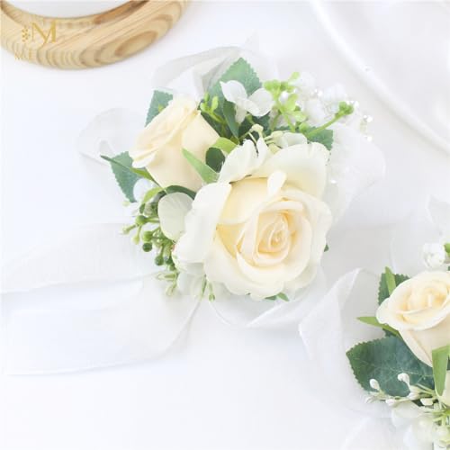 Meldel Champagne Wrist Corsage for Bride Bridesmaid Wedding,Set of 6, Romantic Artificial Rose Pearls Wristband Wrist Flow...