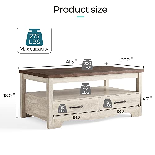 LINSY Farmhouse Coffee Table, Rectangle Coffee Table with Drawers, Rustic Wooden Coffee Tables with Storage, Center Table ...
