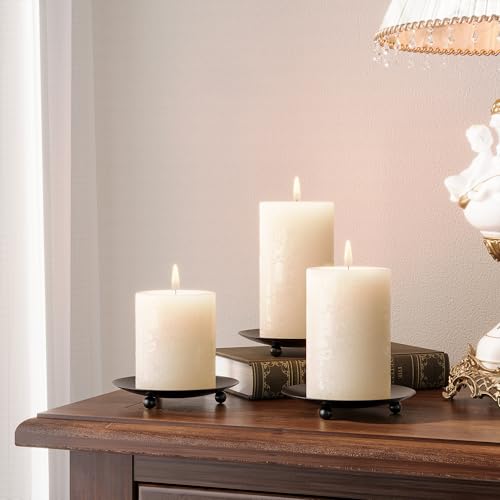 Apsvwys Black Candle Holders for Pillar Candles, Set of 2 Premium Metal Candle Plates Candle Stand for LED or Wax Candles,...