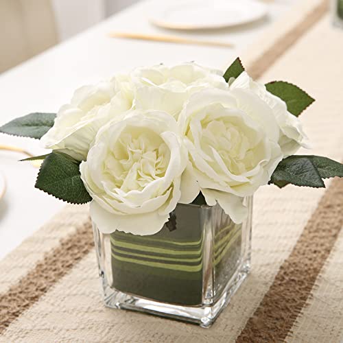 GreenHouzz Artificial Peony Silk Flower Centerpieces Faux Floral Arrangement in Glass Vase for Home Wedding Table Decorati...