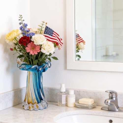 Unique Blue & Gold Hand Blown Art Glass Vase - Blue & Gold Sculptural Flower Vase for Centerpieces, Home Decor & Living Ro...