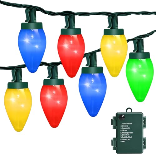 HGJ C7 60 LED Battery Operated Christmas Lights,Battery Powered Multicolor Waterproof Bulbs,21.3 FT 8 Modes with Auto On/O...