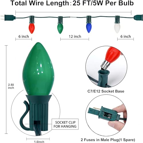 C7 Multicolor Christmas Lights Outdoor, 25Ft Incandescent Christmas Outdoor String Lights with 27 Multicolor Ceramic Bulbs...