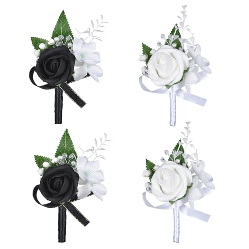 DearHouse Rose Wristband Corsage, Artificial Flowers for Wedding Bridesmaid Hand Flower Decor, 2 Pack (4, Black&White)