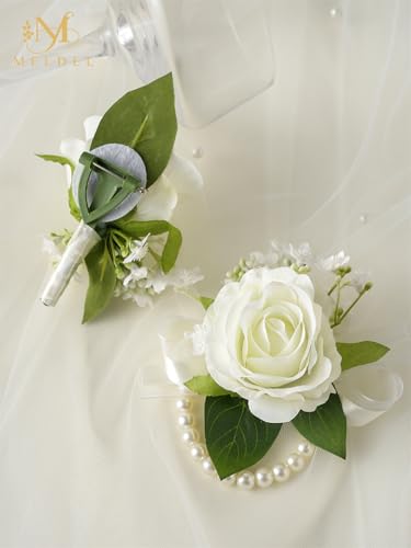 Meldel Wrist Corsage and Boutonniere Set(2pcs), Ivory White Artificial Silk Rose Pearls Bracelets Corsage for Bride, Groom...