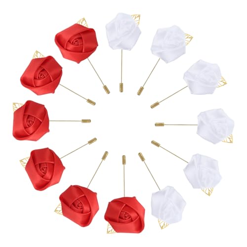 MECCANIXITY 12 Pcs Groom Boutonnieres Rose Boutonnieres Pins for Men Wedding Ceremony Artificial Faux Flower Anniversary F...