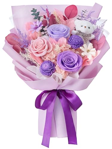 Polylove Preserved Flowers for Delivery Prime Forever Flowers Bouquet with Bear Flower Gift for Wife Women Birthday Mother...