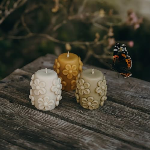 Lyrow 3 Pcs Daisy Flower Candles 3.15 x 1.97 Inches Boho Pillar Floral Candles Neutral Spring Candle Set for Spring Weddin...