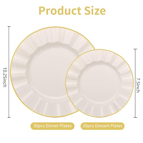 ISFANGCO 102Pcs Ivory White Plastic Plates with Gold Trim, Heavy Duty Wedding Plates, Elegant Disposable Plate Sets includ...