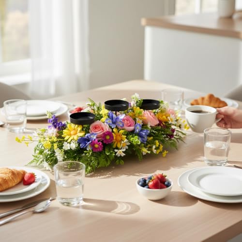 Lnymura Spring Summer Centerpiece with 3 Candle Holders, 24 Inch Colorful Artificial Wildflower Arrangement with Roses, Da...