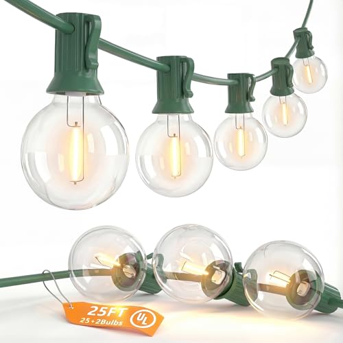 SUNSGNE 25Ft Round Christmas Lights Outdoor, G40 Globe String Lights with 27 LED Clear Lights(2 Spare), Green Wire String ...